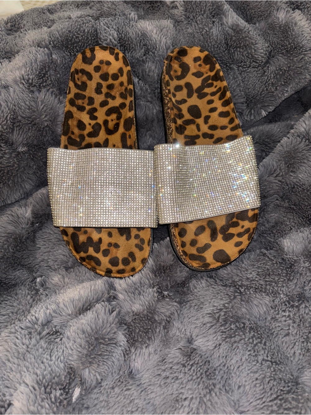Corkys Silver Rhinestone Slide Sandals with Leopard Footbed